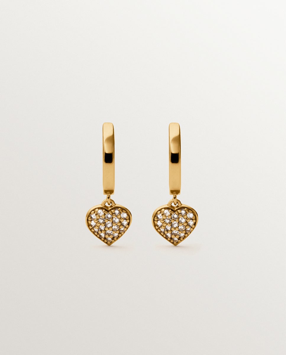 Imagem 0 de Brincos de Gota de Prata Banhada em Ouro Amarelo de 18k, Topázios Brancos e Forma de Coração