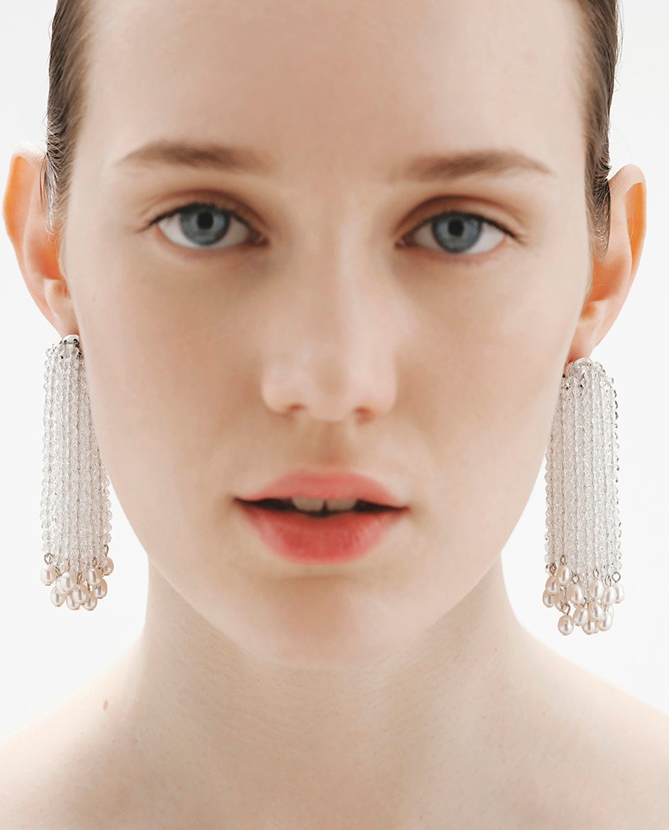 Brincos Compridos em Cascata com Pérolas Barrocas e Cristais Branco-2