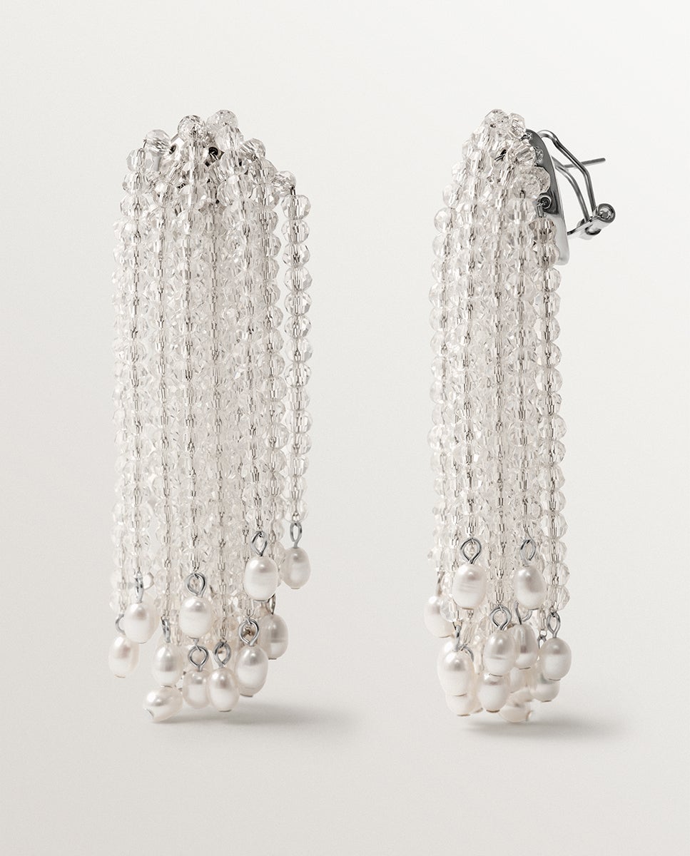 Brincos Compridos em Cascata com Pérolas Barrocas e Cristais Branco-5