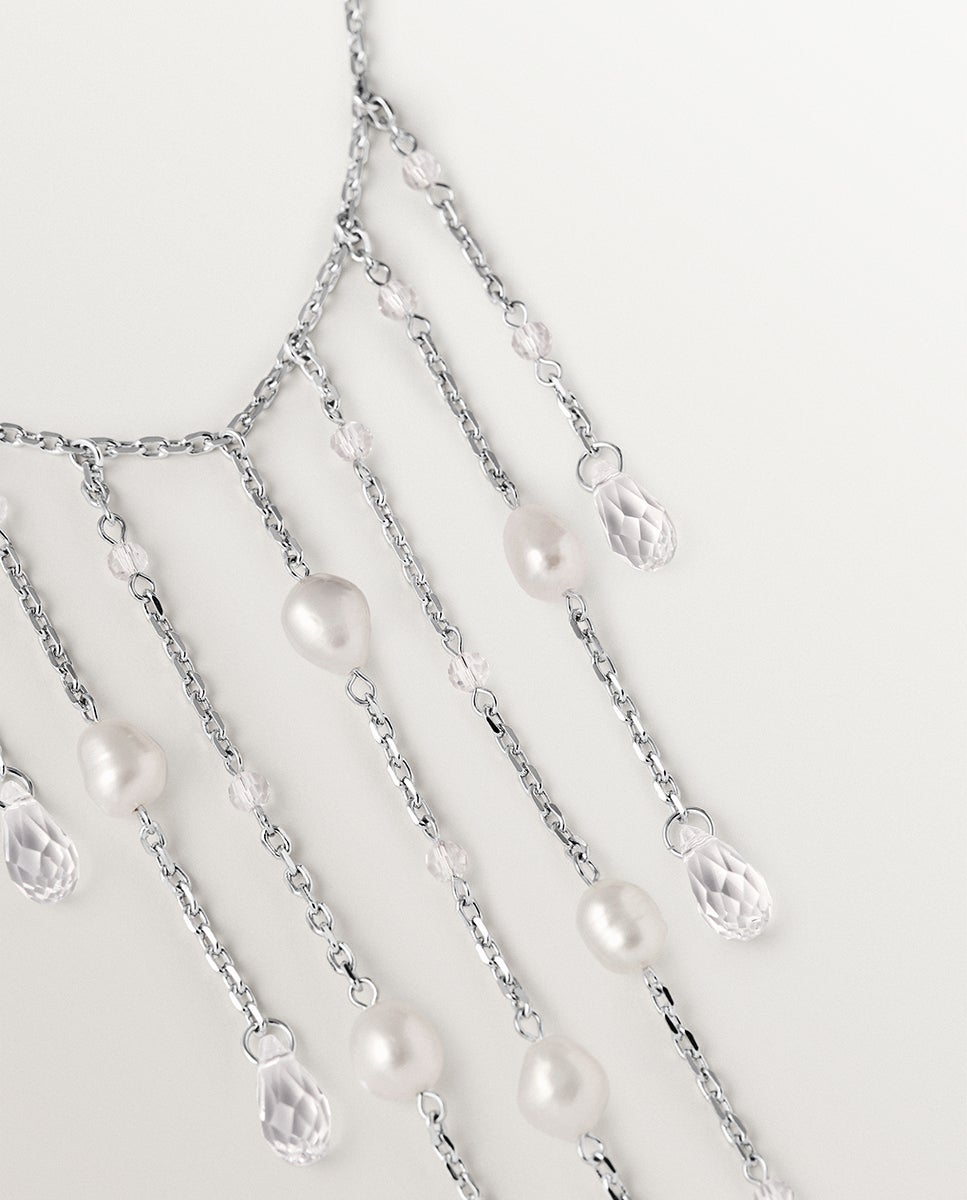 Corrente com Pendentes de Pérolas Barrocas e Cristais Branco-5