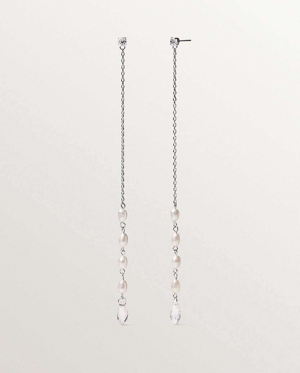 Brincos Compridos com Pérolas Barrocas e Cristais Branco-3