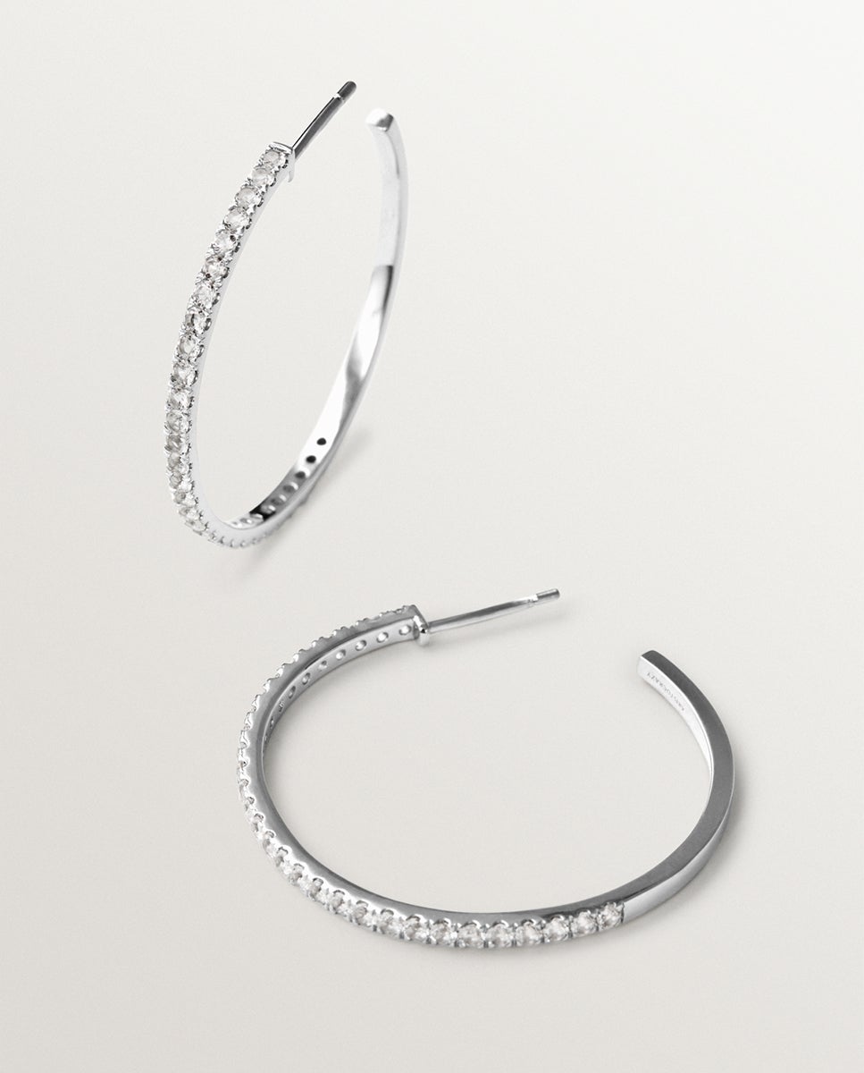 Brincos de Argola Grandes de Prata 925 com Topázios Brancos Branco-2