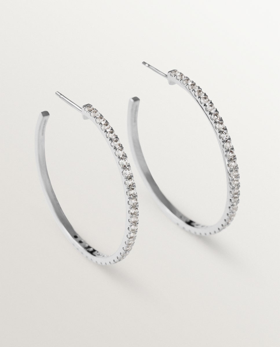 Brincos de Argola Grandes de Prata 925 com Topázios Brancos Branco-3