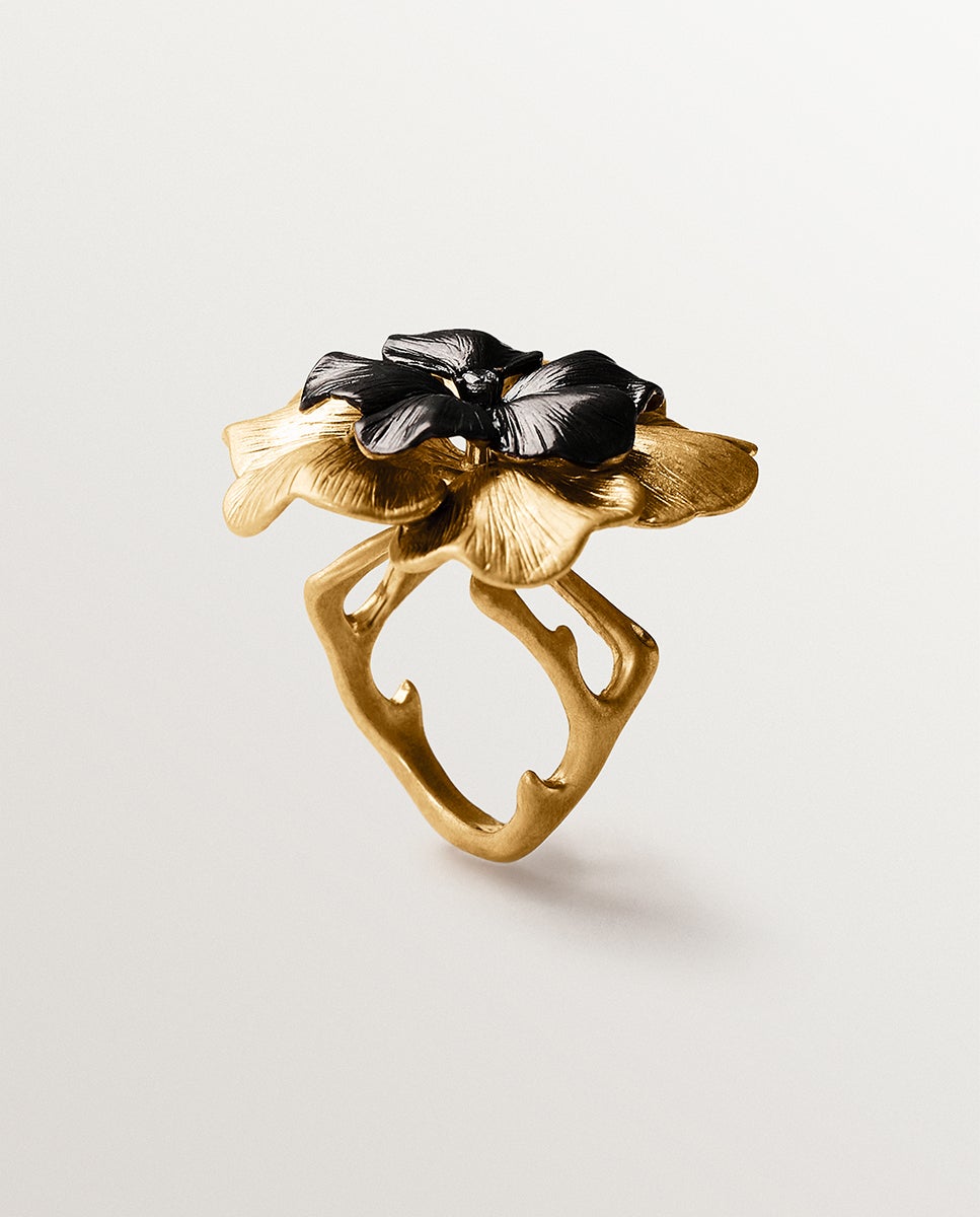 Anel Bicolor com Cristal e Forma de Flor Preto-2