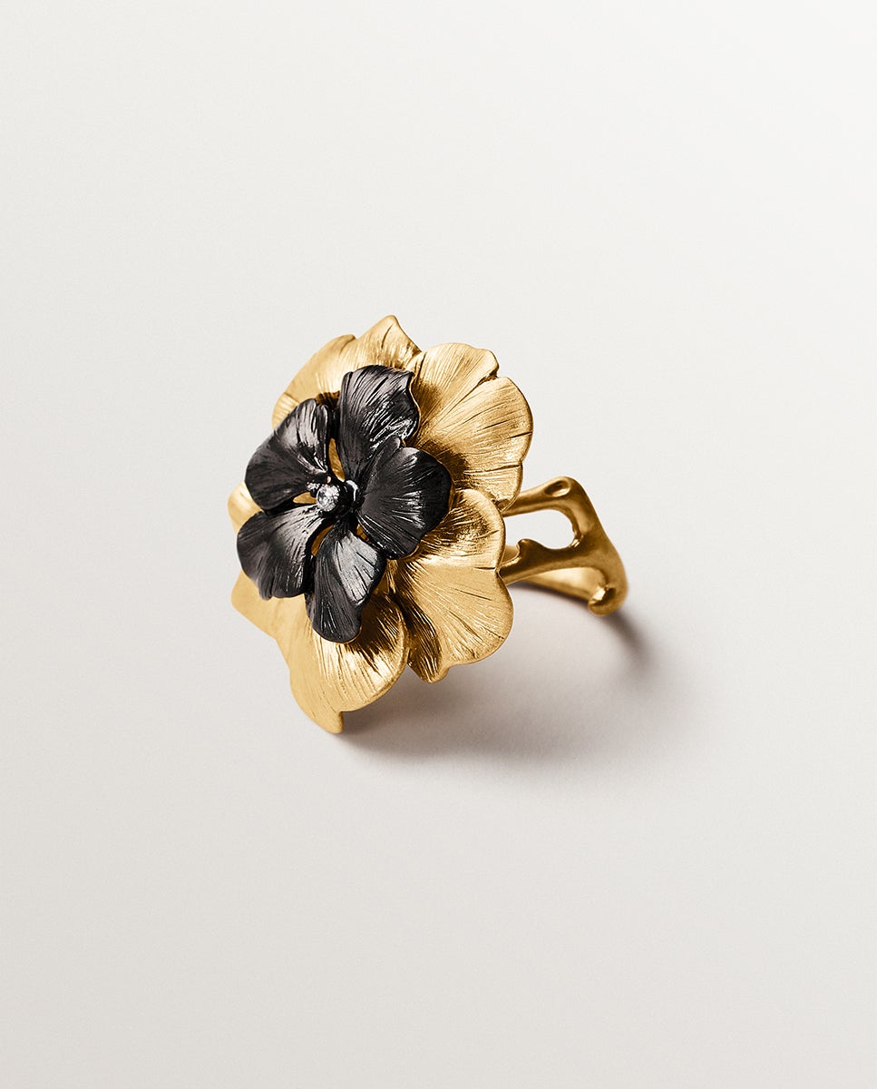 Anel Bicolor com Cristal e Forma de Flor Preto-3