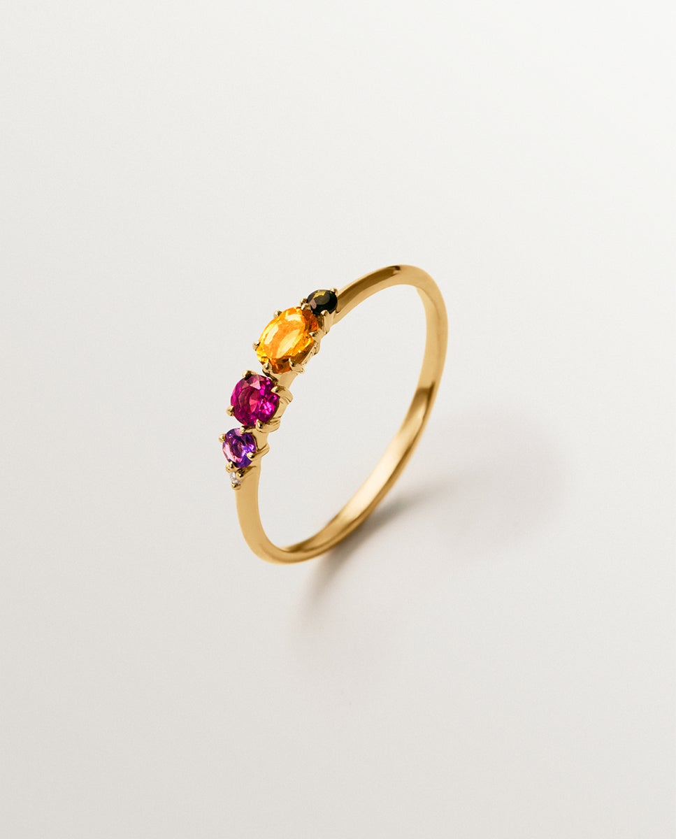 Anel de Ouro Amarelo de 18k com Quartzo Citrino, Rodolita, Ametista Negra, Turmalina Verde e Diamante Multicolor-1