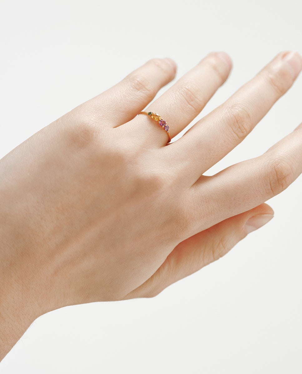 Anel de Ouro Amarelo de 18k com Quartzo Citrino, Rodolita, Ametista Negra, Turmalina Verde e Diamante Multicolor-2