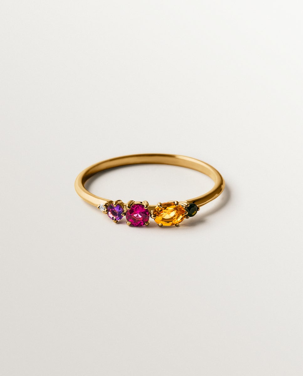 Anel de Ouro Amarelo de 18k com Quartzo Citrino, Rodolita, Ametista Negra, Turmalina Verde e Diamante Multicolor-3