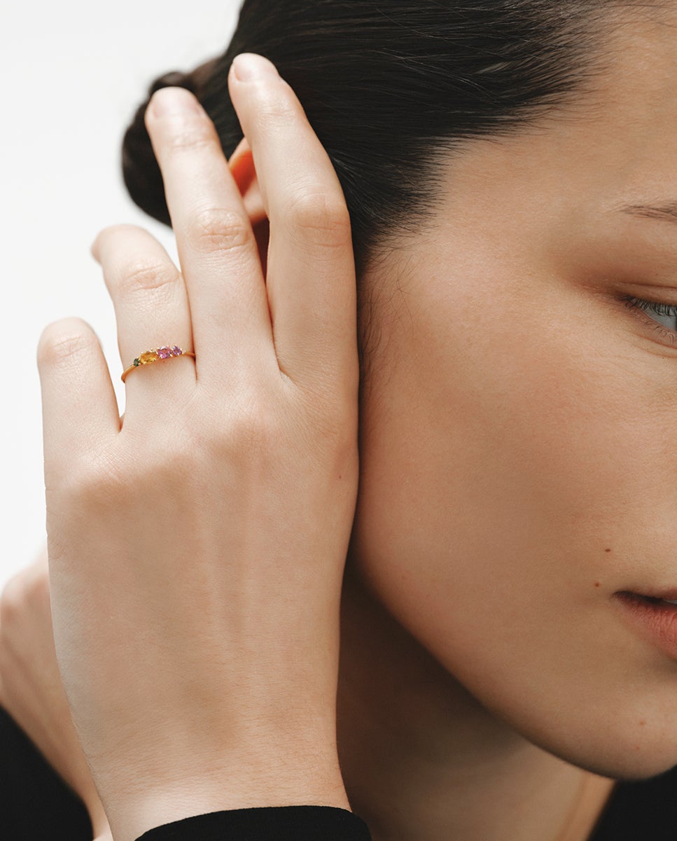 Anel de Ouro Amarelo de 18k com Quartzo Citrino, Rodolita, Ametista Negra, Turmalina Verde e Diamante Multicolor-4