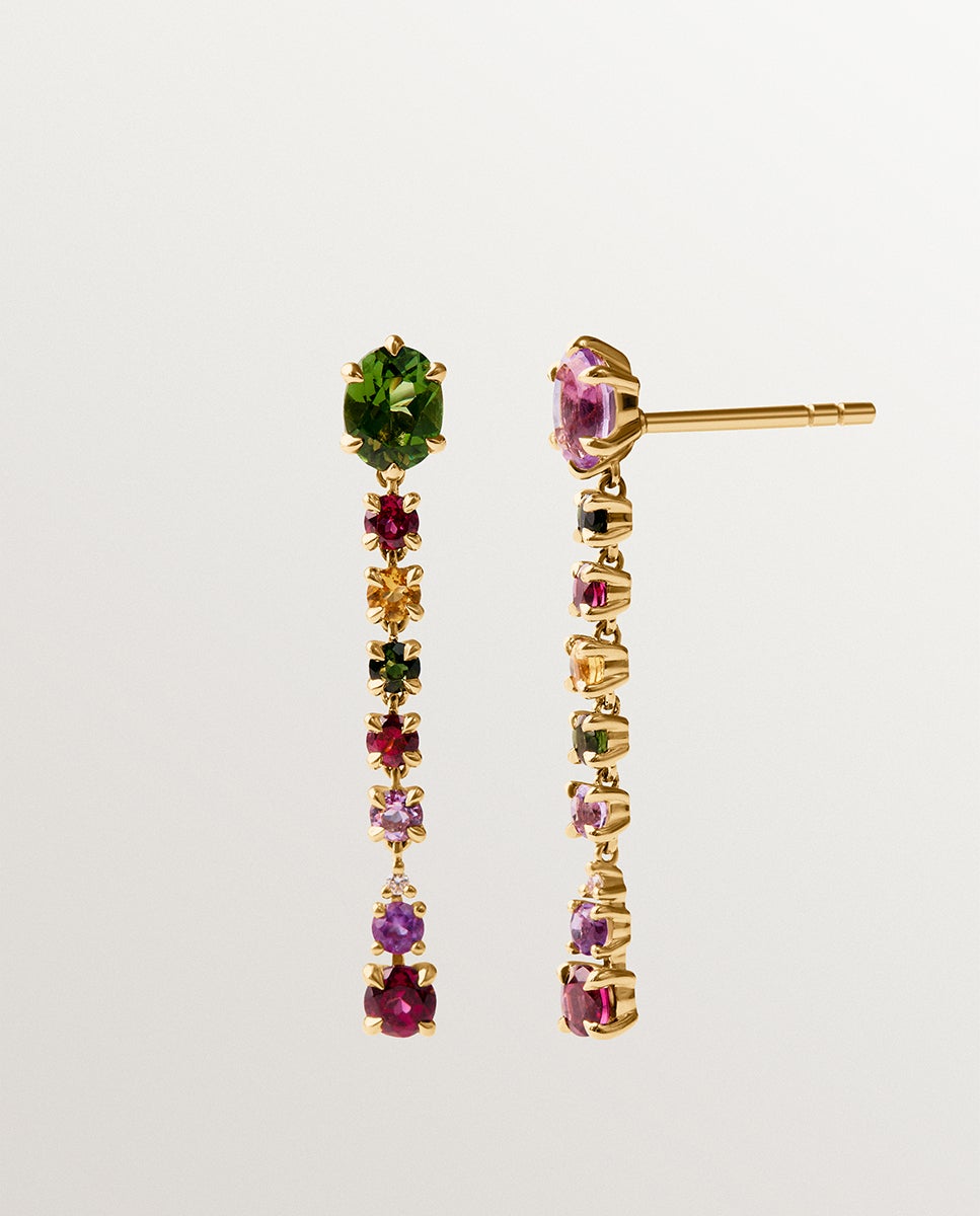 Brincos Compridos de Ouro Amarelo de 18k com Ametistas Cor-de-rosa e Negras, Turmalinas Verdes, Rodolitos e Diamantes Verde-3