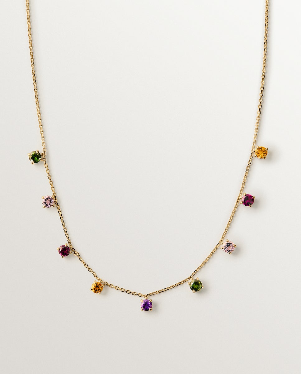 Imagem 0 de Colar de Ouro Amarelo de 9k com Ametistas Rosa e Negras, Turmalinas Verdes, Quartzo Citrino Laranja e Rodolitos