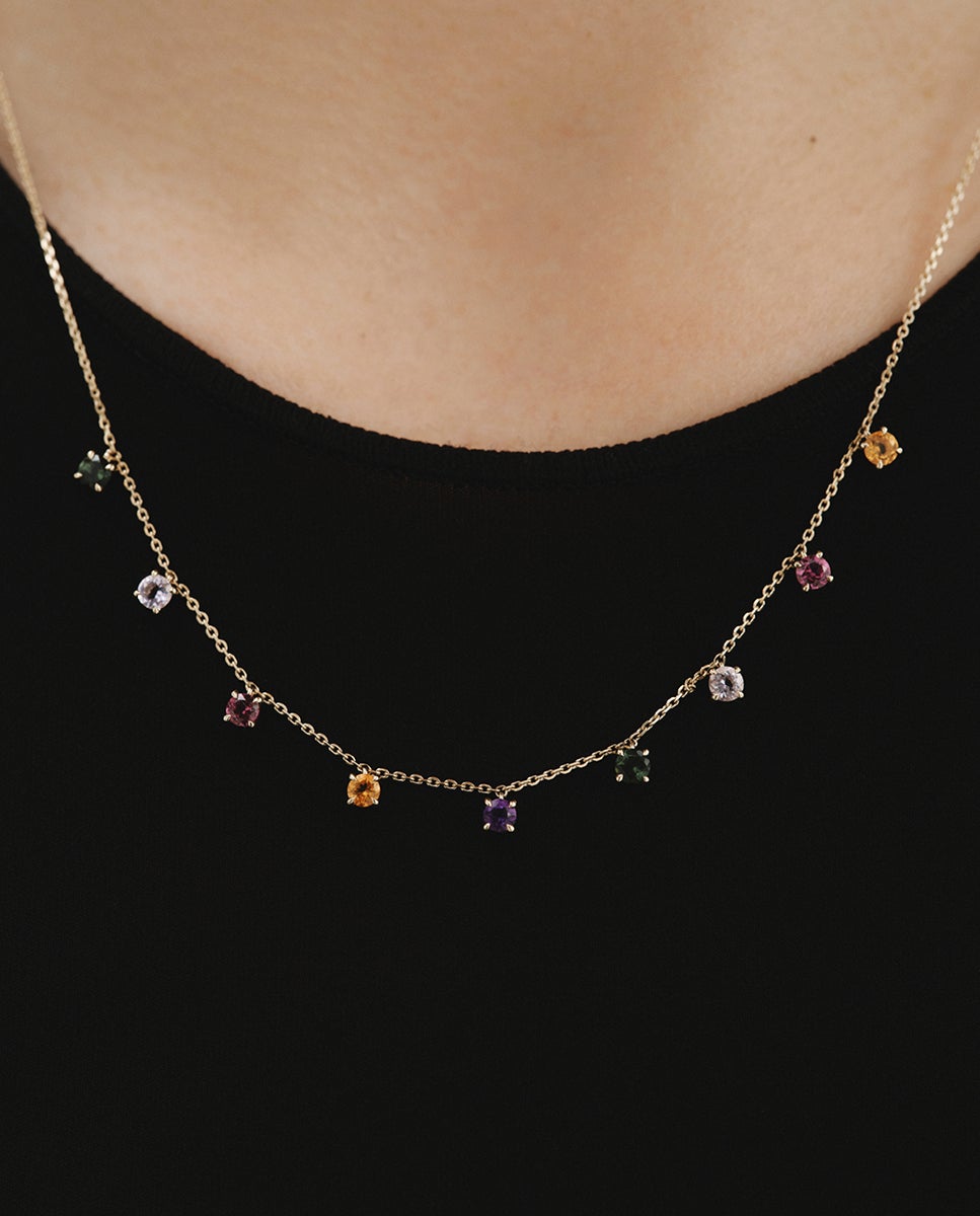 Corrente de Ouro Amarelo de 9k com Ametistas em Rosa e Preto, Turmalinas em Verde, Quartzo Citrino em Laranja e Rodolitos Multicolor-2