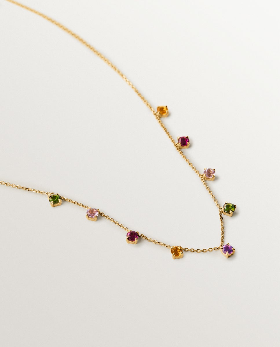 Corrente de Ouro Amarelo de 9k com Ametistas em Rosa e Preto, Turmalinas em Verde, Quartzo Citrino em Laranja e Rodolitos Multicolor-3