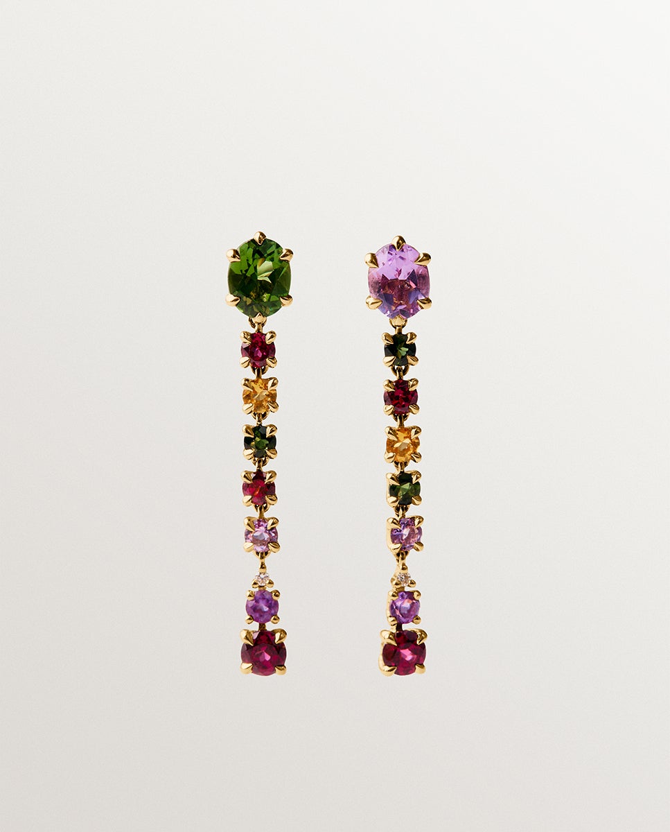 Imagem 0 de Brincos Compridos de Ouro Amarelo de 9k com Ametistas Rosa e Pretas, Turmalinas Verdes, Rodolitas e Diamantes