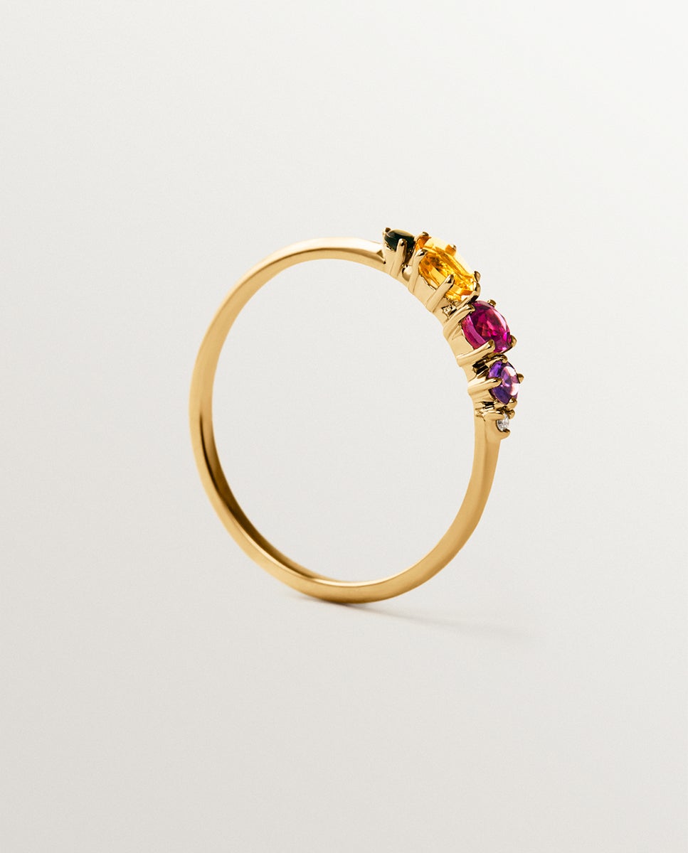 Anel de Ouro Amarelo de 9k com Quartzo Citrino, Rodolita, Ametista Negra, Turmalina Verde e Diamante Fúcsia-5