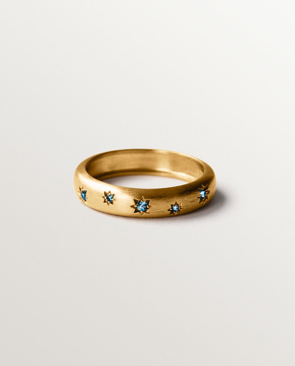 Anel de Prata 925 Banhada em Ouro Amarelo de 18k com Topázios Azuis Celeste-3
