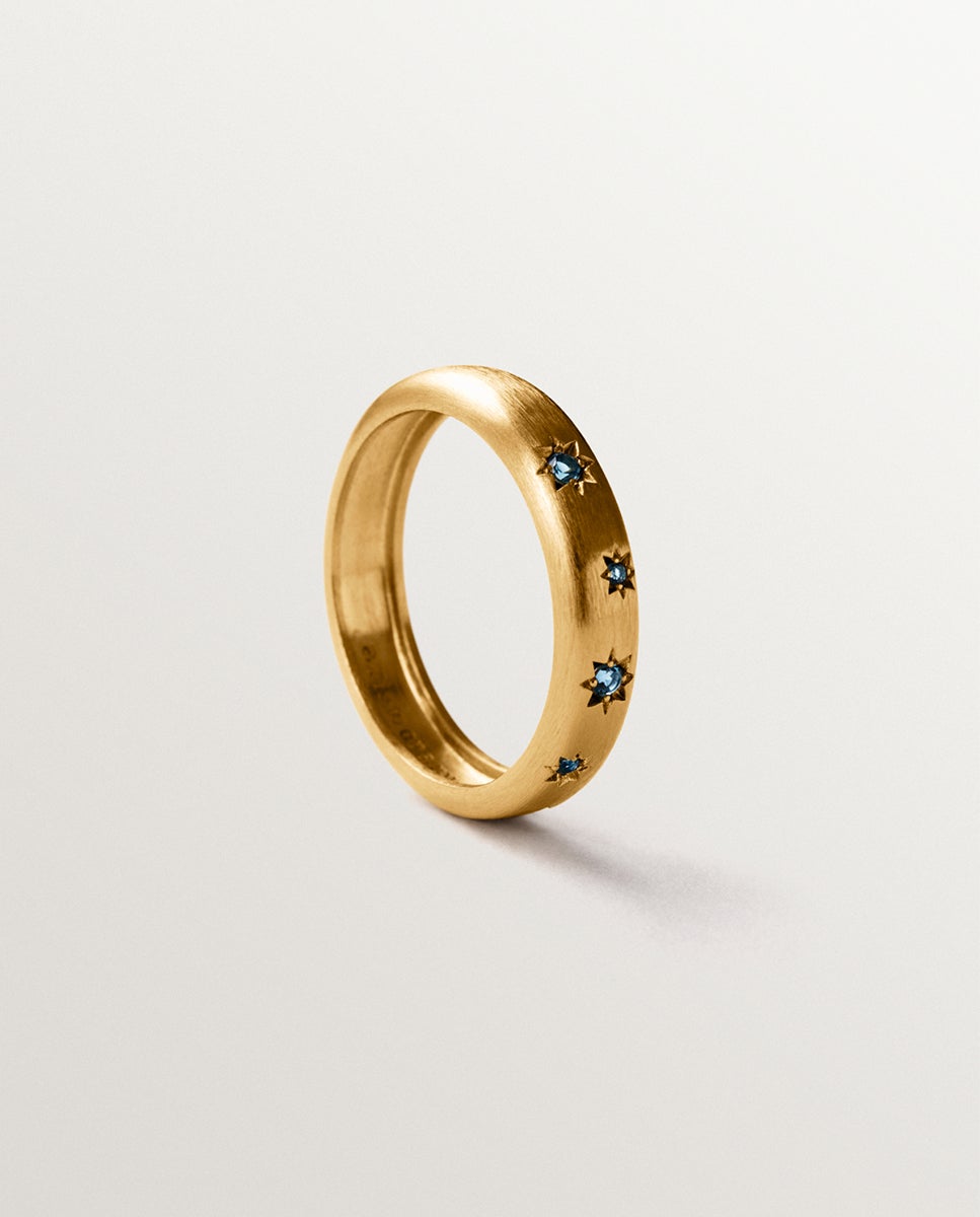 Anel de Prata 925 Banhada em Ouro Amarelo de 18k com Topázios Azuis Celeste-5