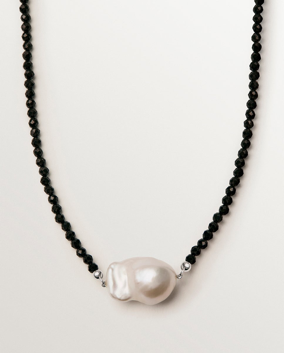 Colar de Prata 925 com Espinelas Negras e Pérola Branco Brilho / Cinzento-1