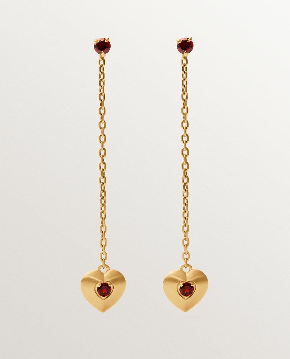 Brincos Compridos de Prata com Banho em Ouro Amarelo de 18k com Contas de Granadas Vermelhas, Topázios Brancos e Forma de Coração Prata / Vermelho-1