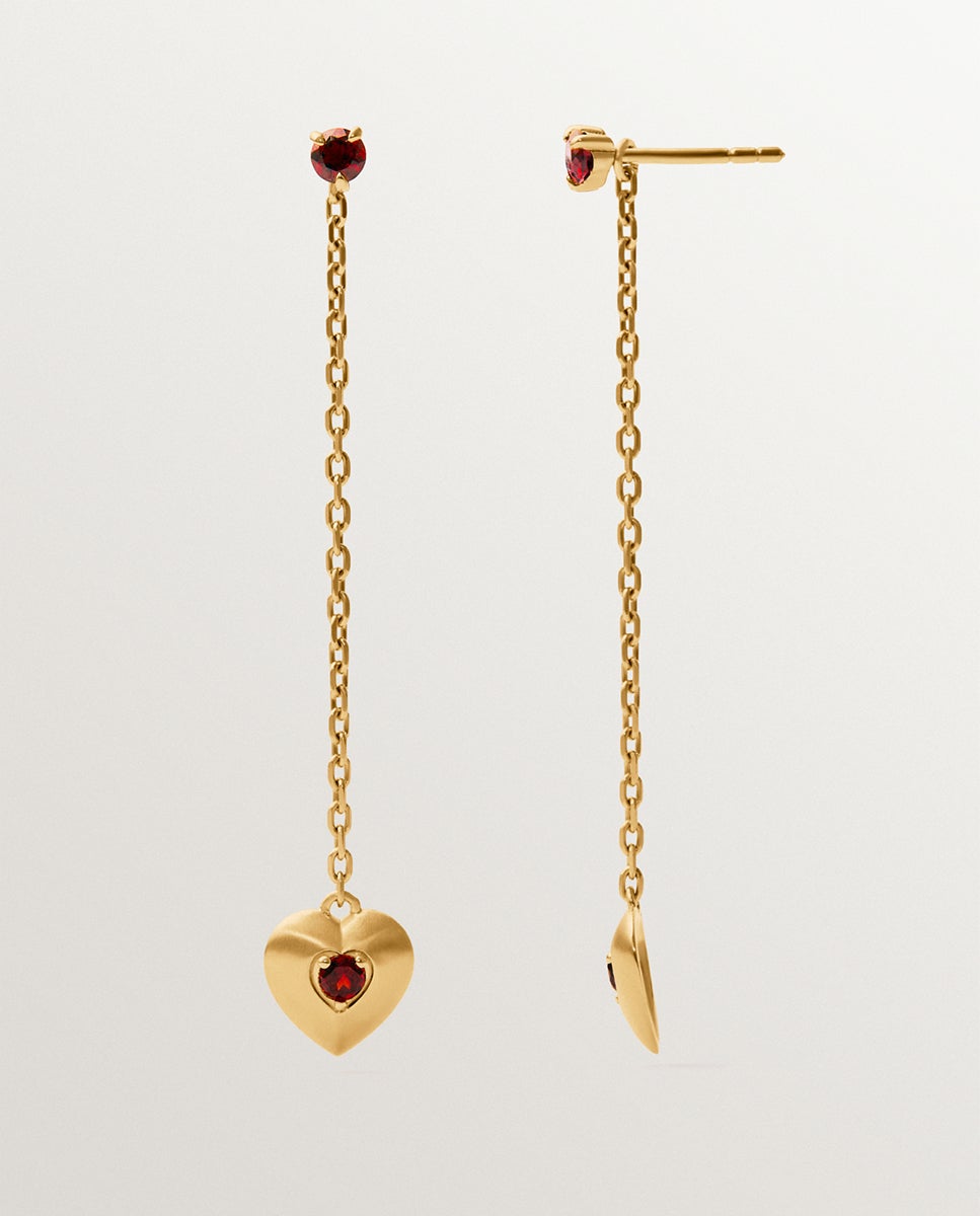 Brincos Compridos de Prata com Banho em Ouro Amarelo de 18k com Contas de Granadas Vermelhas, Topázios Brancos e Forma de Coração Prata / Vermelho-3