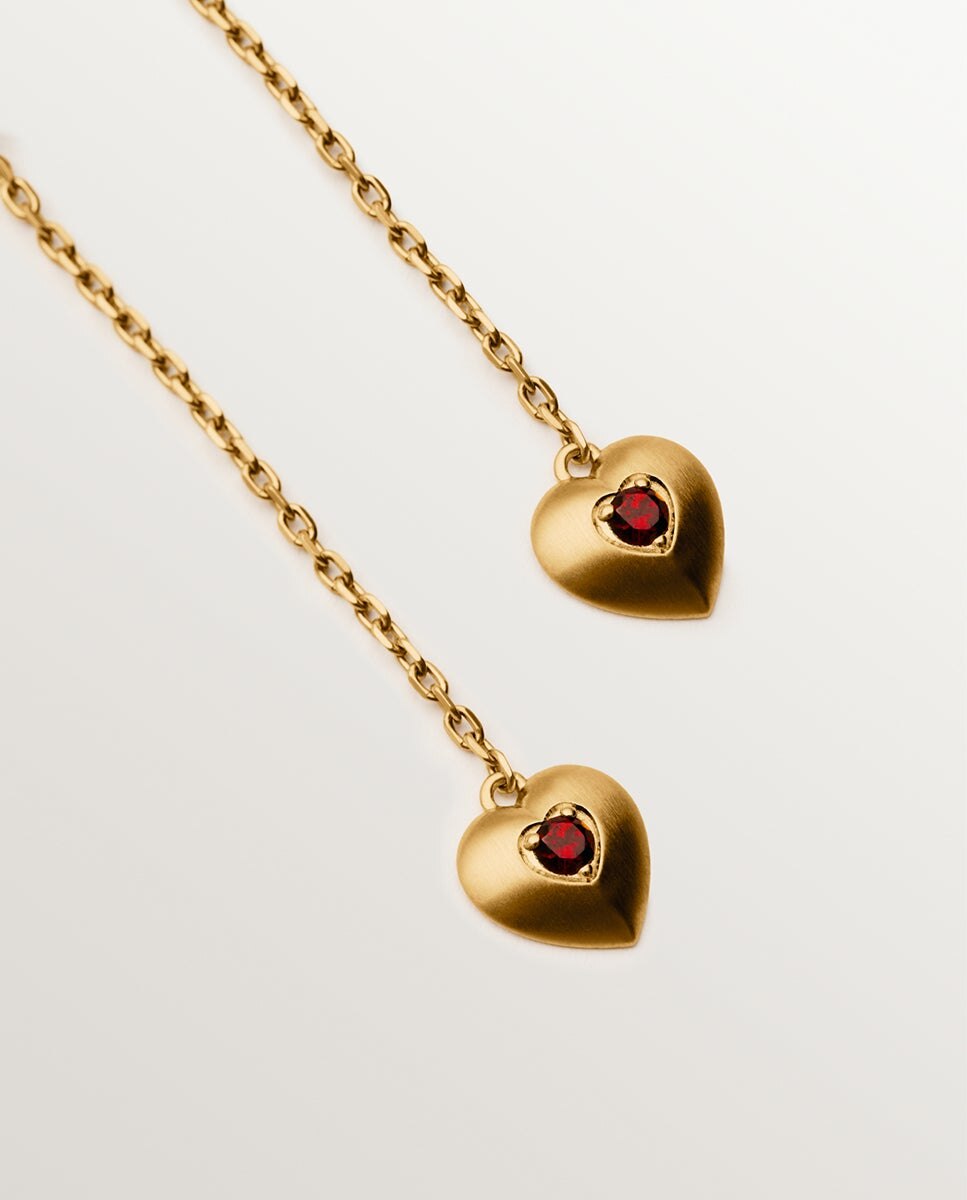 Brincos Compridos de Prata com Banho em Ouro Amarelo de 18k com Contas de Granadas Vermelhas, Topázios Brancos e Forma de Coração Prata / Vermelho-5