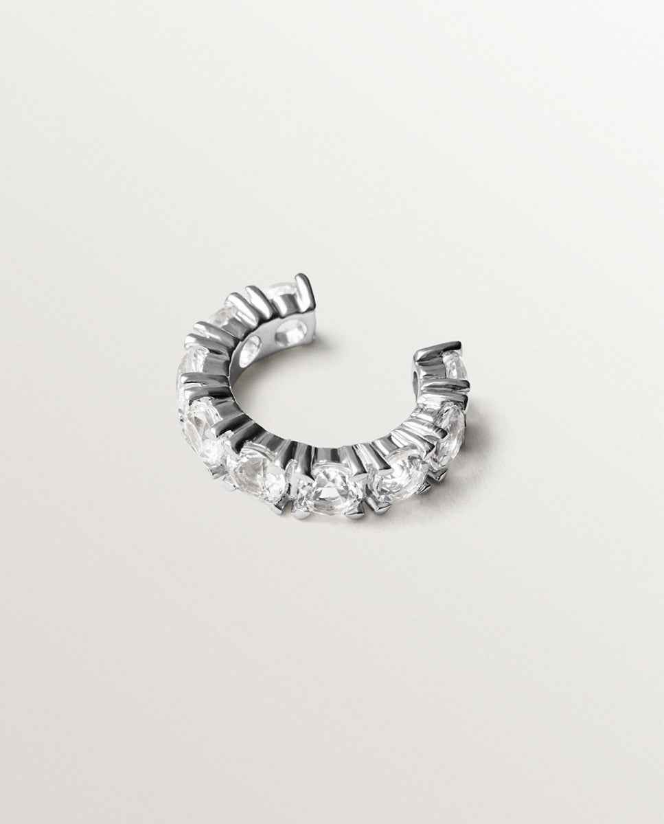Brincos Earcuff Grosso de Prata 925 com Topázios Brancos Prateado-5