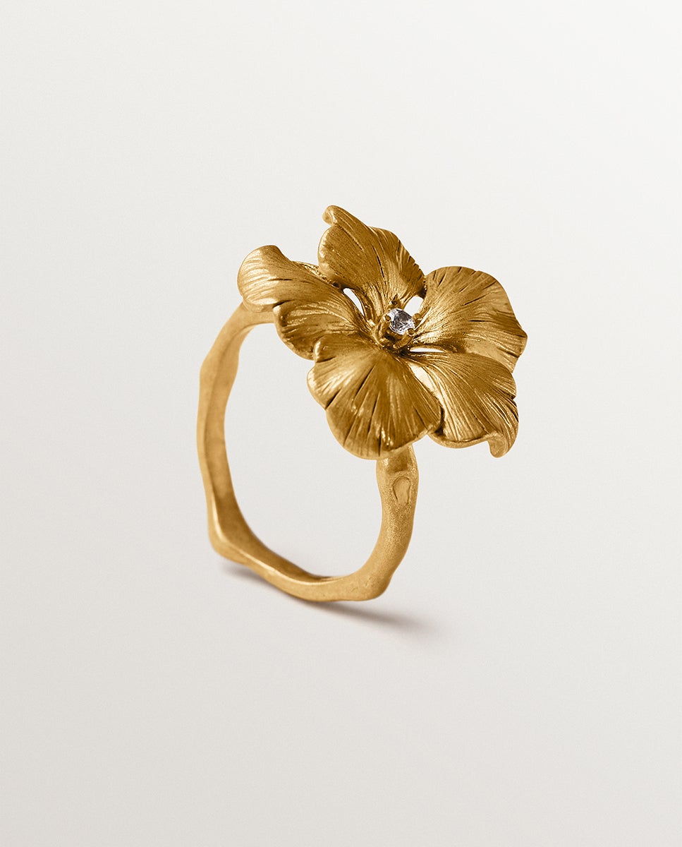 Anel Banhado a Ouro Amarelo com Cristal e Forma de Flor Branco-3