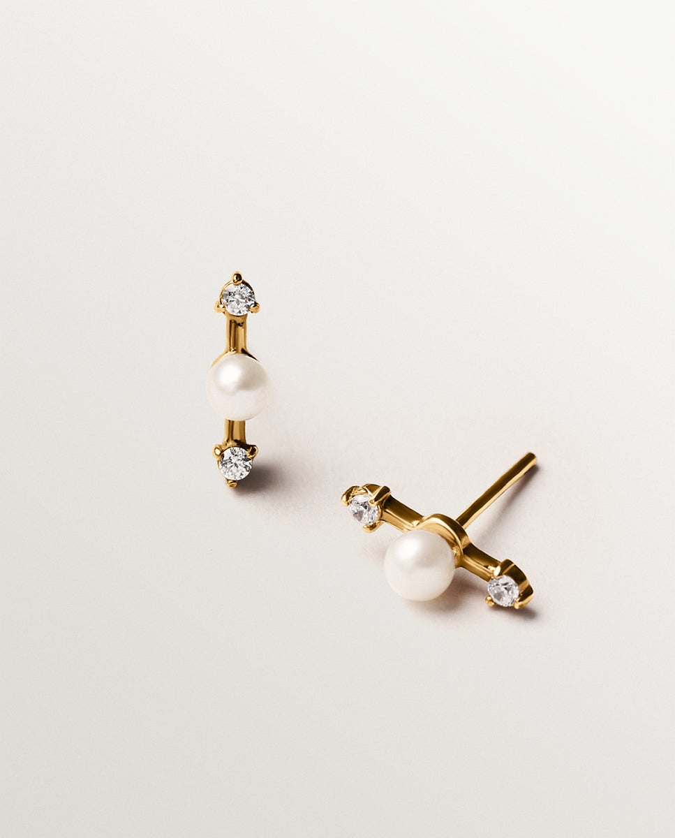 Brincos de Prata 925 Banhada em Ouro Amarelo de 18k com Pérolas e Topázios Brancos Branco-2