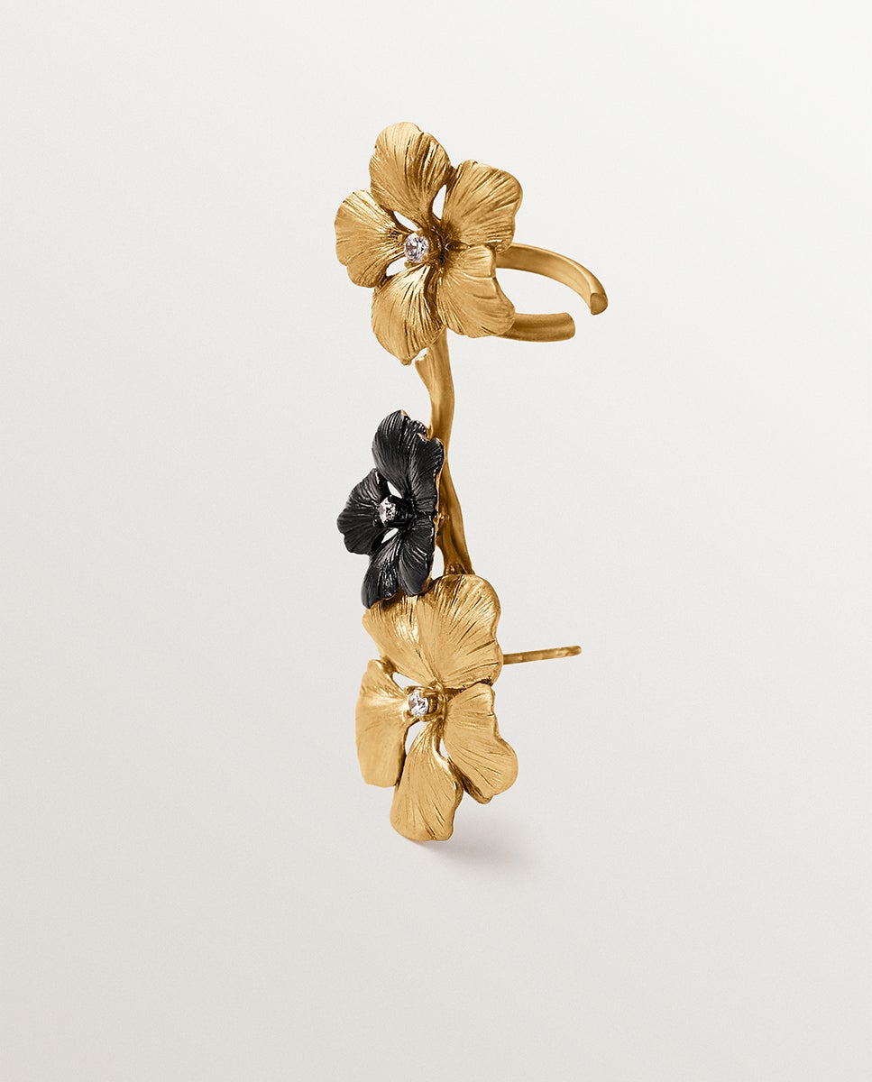 Brincos Trepadores Banhados a Ouro Amarelo com Cristais e Motivos de Flor Preto-5