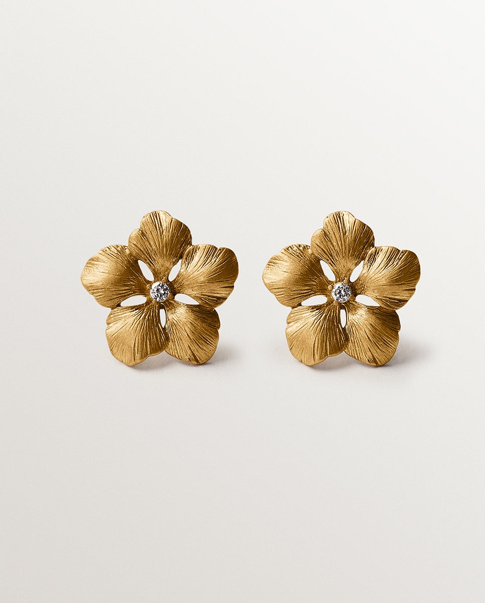 Imagem 0 de Brincos de Botão Banhados em Ouro Amarelo com Cristal e Forma de Flor