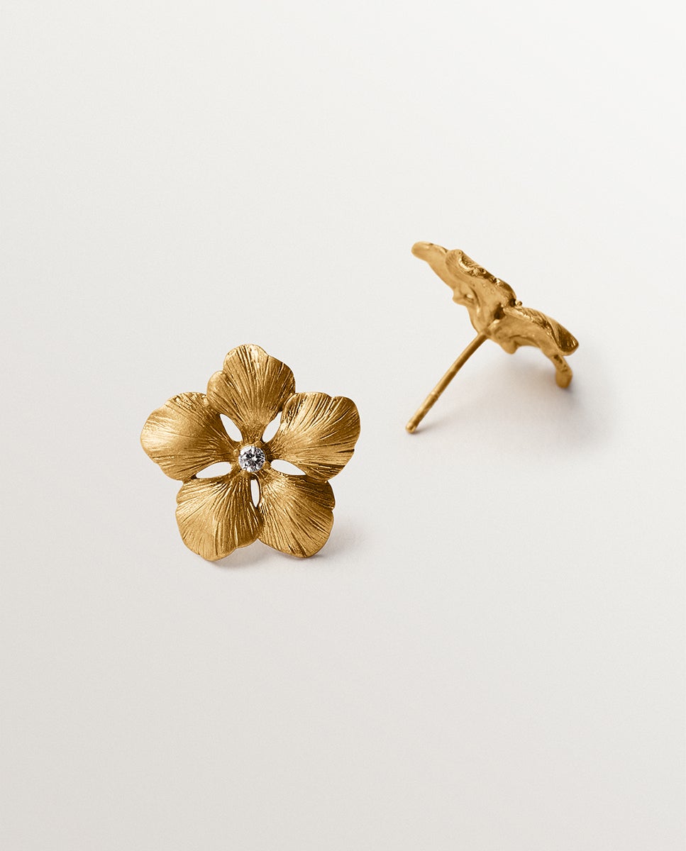 Brincos de Botão Banhados em Ouro Amarelo com Cristal e Forma de Flor Transparente-3