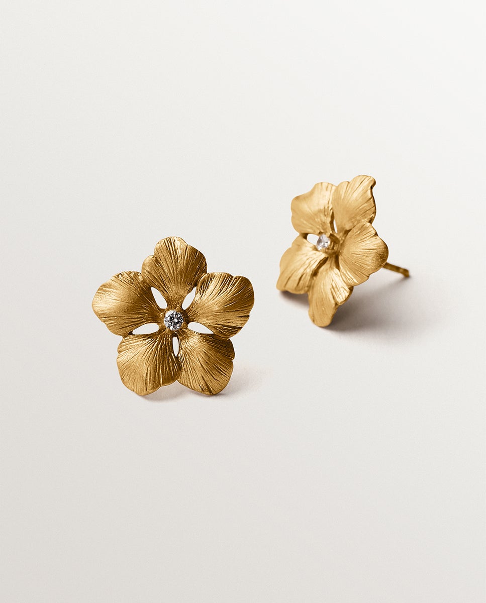 Brincos de Botão Banhados em Ouro Amarelo com Cristal e Forma de Flor Transparente-5
