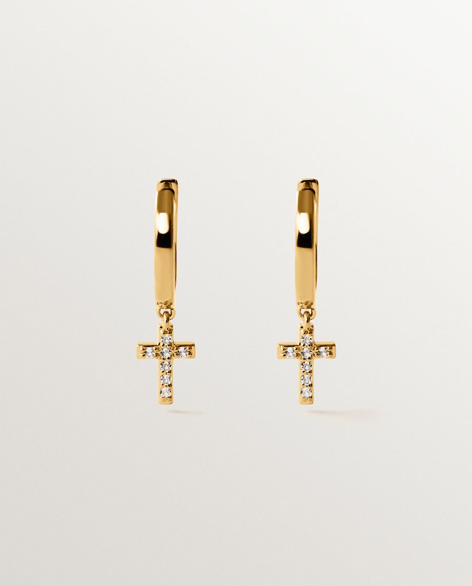 Imagem 0 de Brincos de Argola de Prata 925 Banhada em Ouro Amarelo de 18k com Topázios Brancos e Forma de Cruz