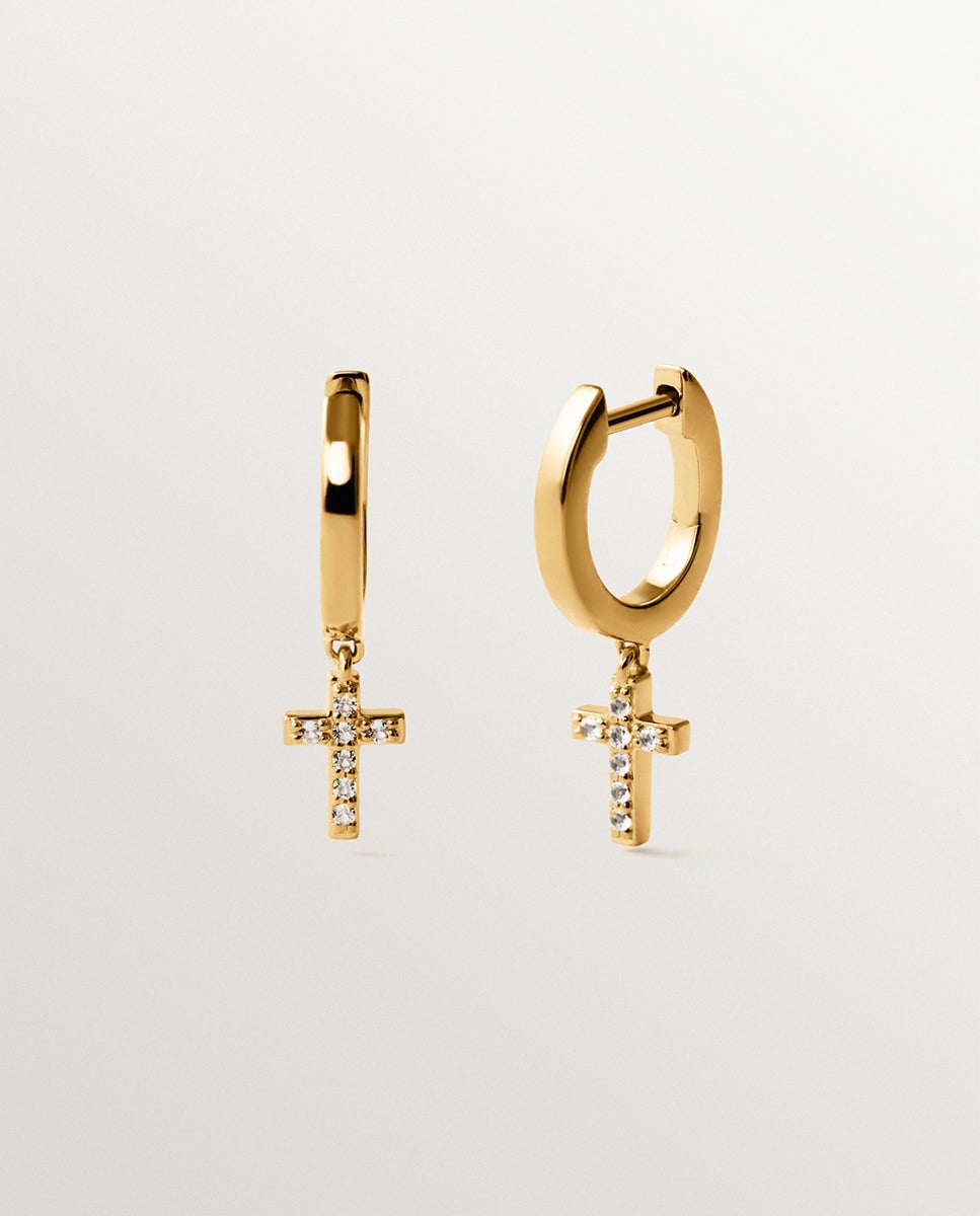 Brincos de Argola de Prata 925 Banhada em Ouro Amarelo de 18k com Topázios Brancos e Forma de Cruz Branco-3