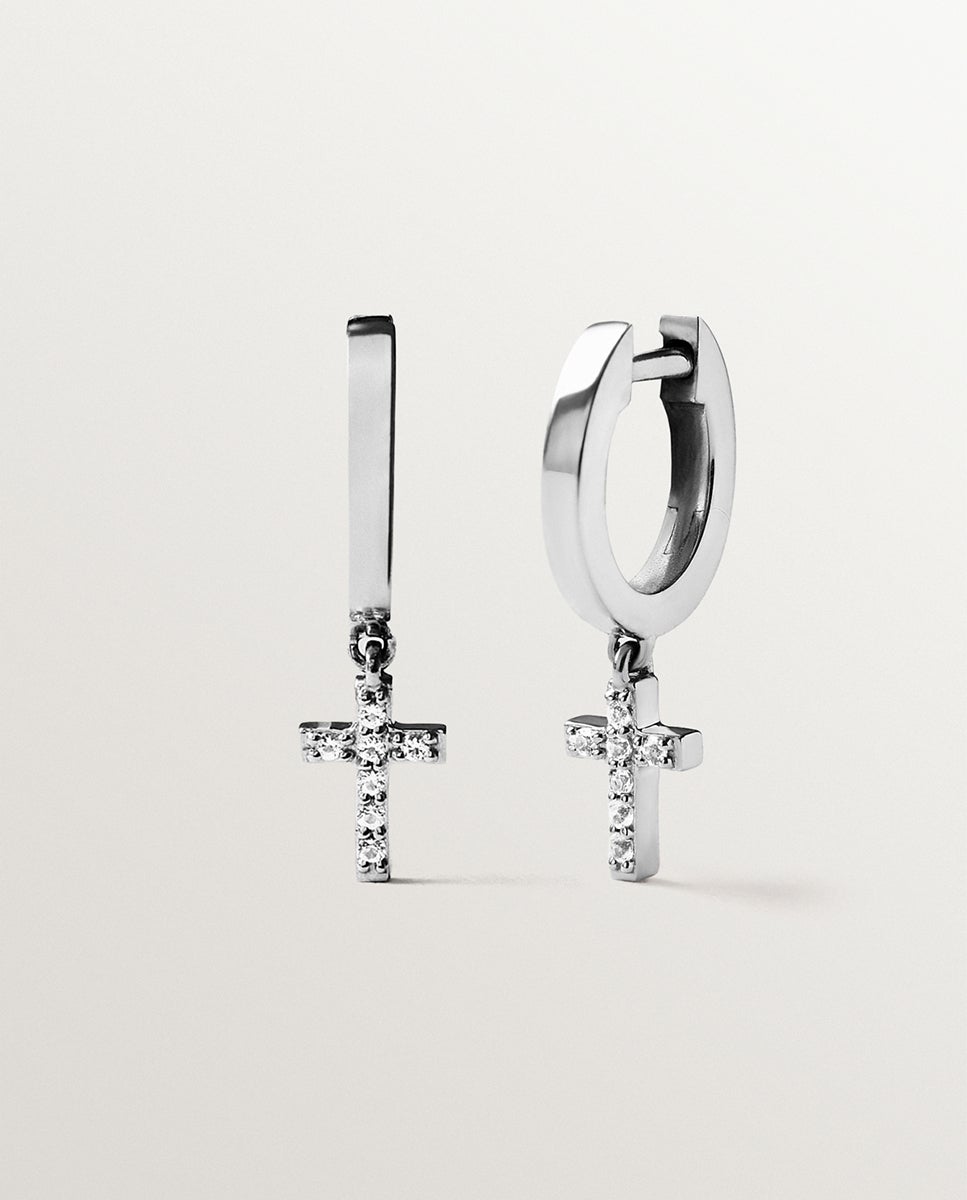 Brincos de Argola de Prata 925 com Topázios em Branco e Forma de Cruz Branco-3