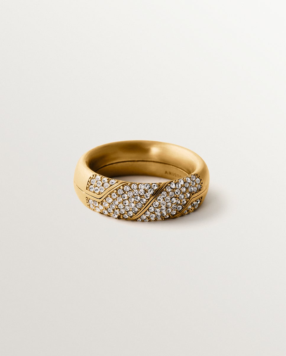 Anel Gimmel Banhado em Ouro Amarelo com Pavé de Cristais Transparente-3