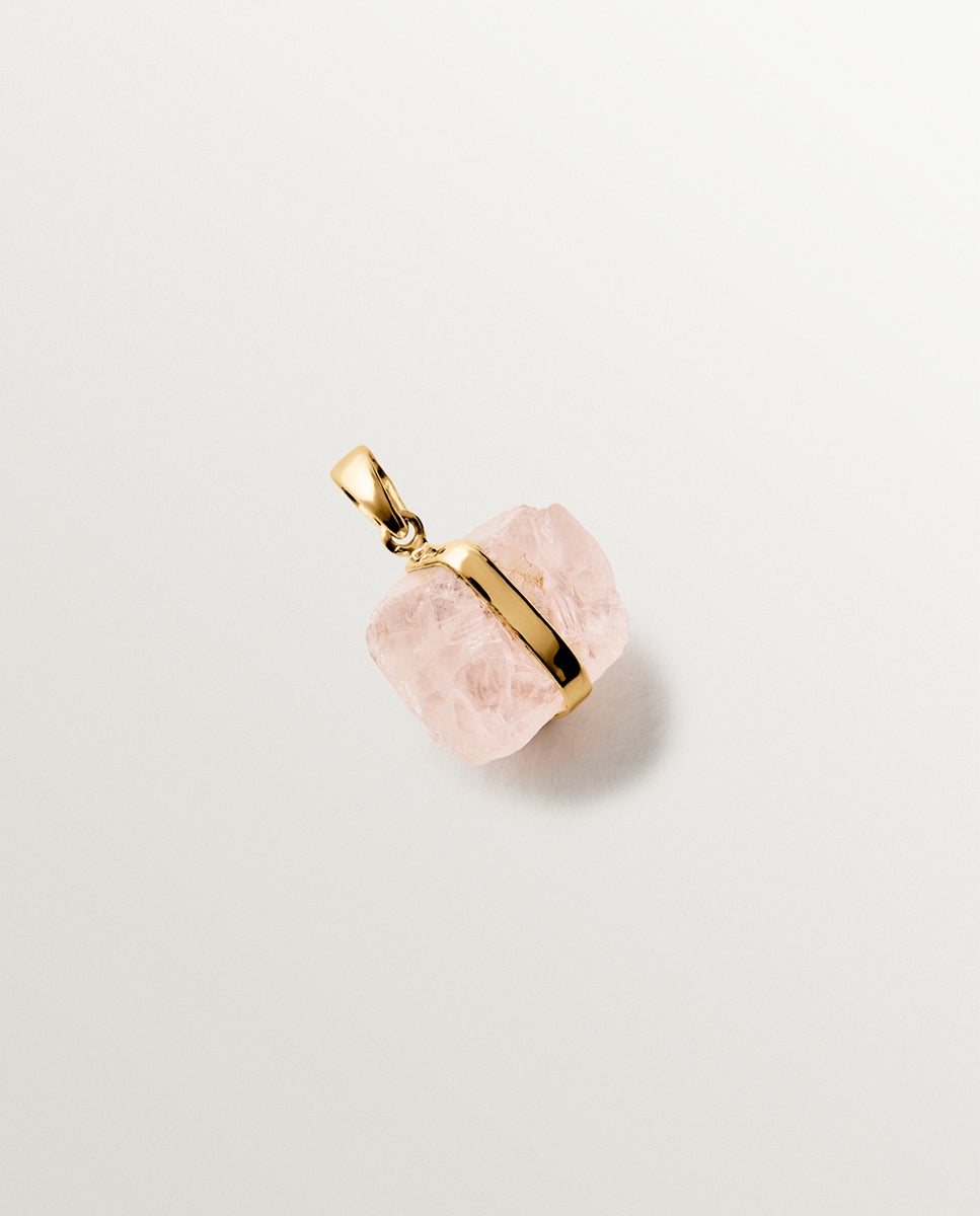 Pendente de Prata 925 Banhada em Ouro Amarelo de 18k com Quartzo Rosa Rosa / Branco-3