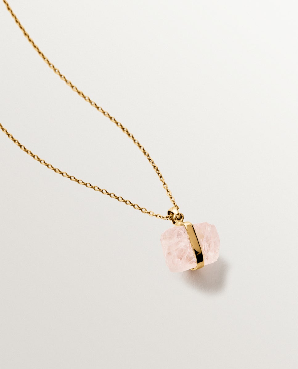 Pendente de Prata 925 Banhada em Ouro Amarelo de 18k com Quartzo Rosa Rosa / Branco-5