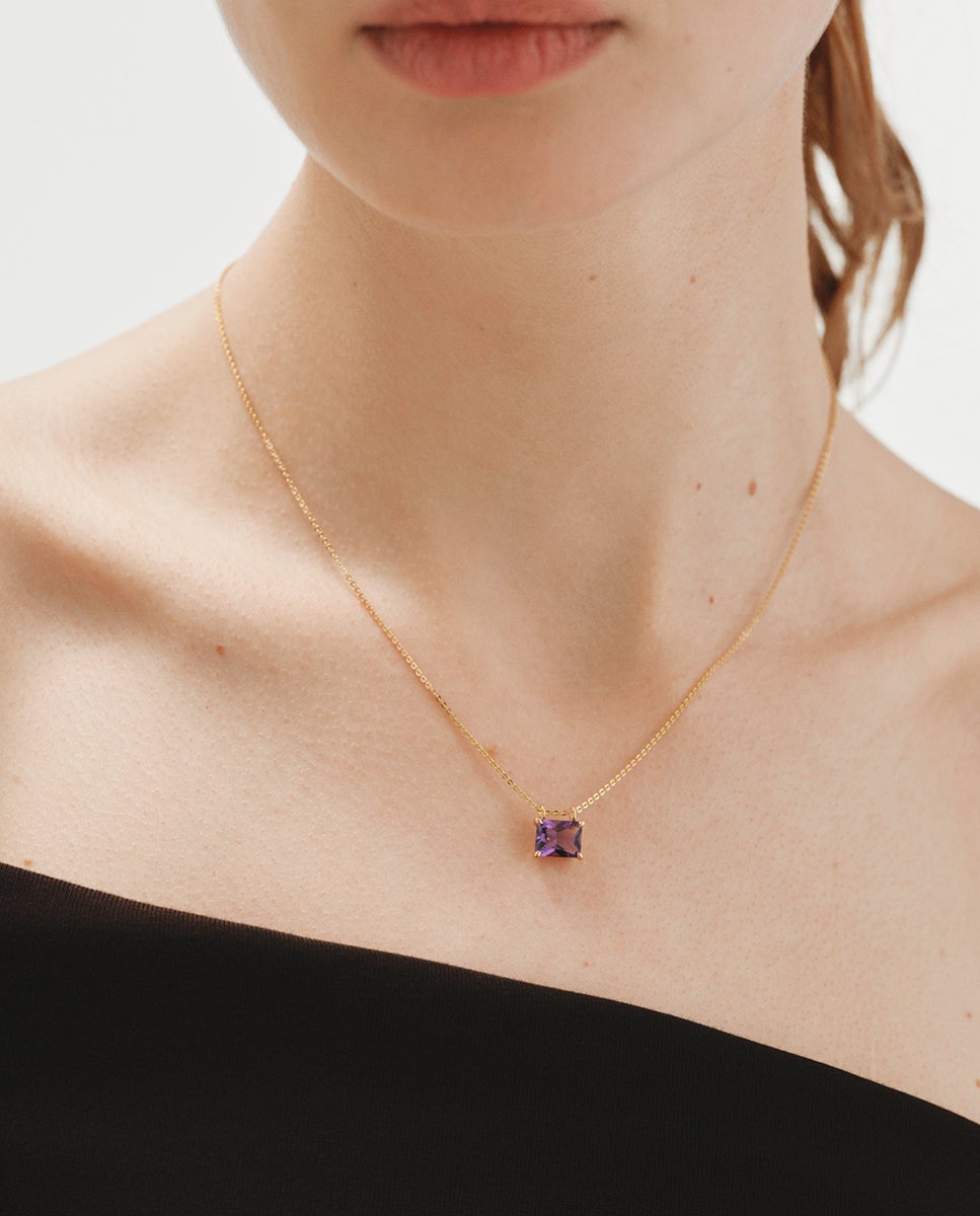 Corrente com Pingente de Prata 925 Banhada a Ouro Amarelo de 18k com Ametista Rosa Rosa-2