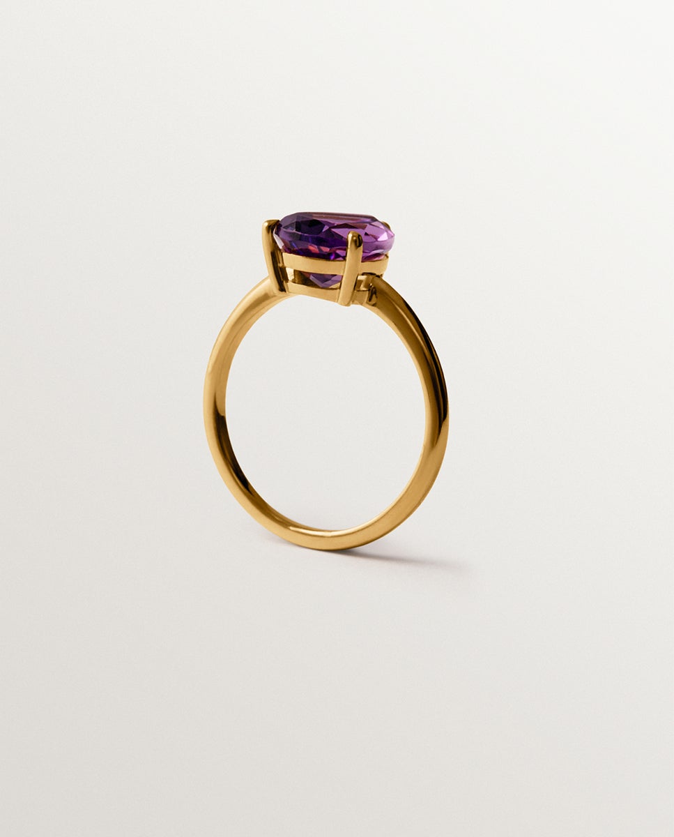 Anel de Prata 925 Banhada em Ouro Amarelo de 18k com Ametista Rosa Rosa-5