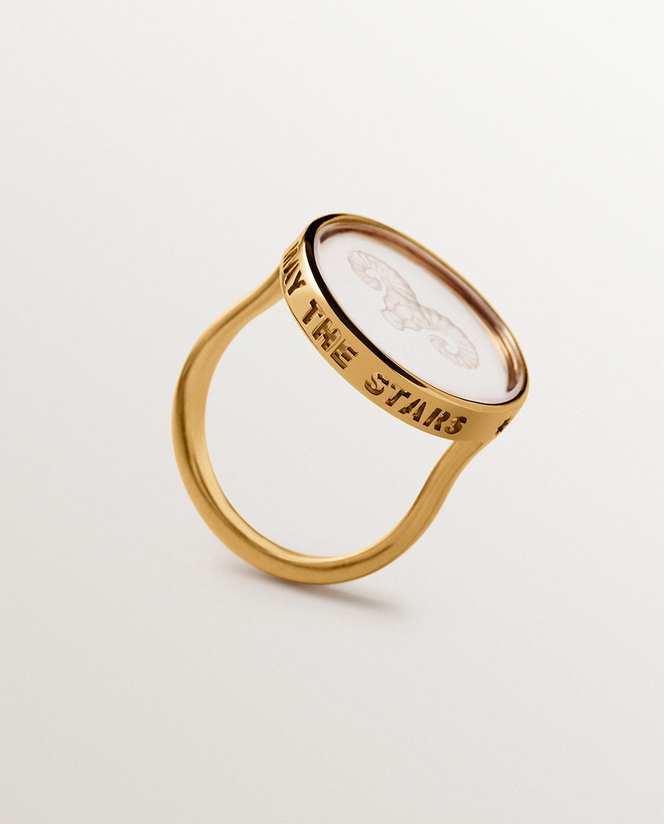 Anel Tipo Selo Aries de Prata 925 Banhada em Ouro Amarelo de 18k e Cristal de Rocha Transparente-5