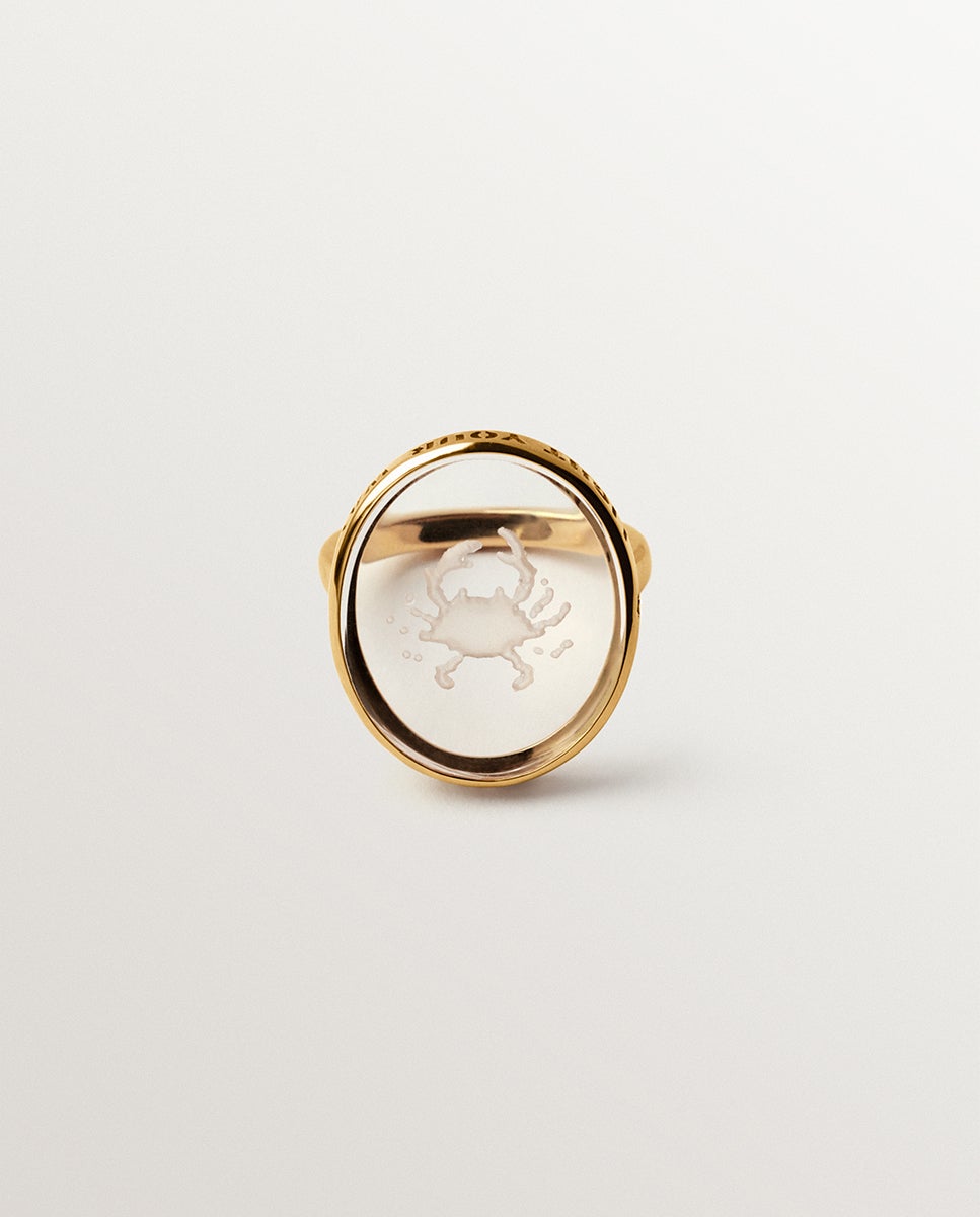 Anel Tipo Selo Câncer de Prata 925 em Banho de Ouro Amarelo de 18k e Cristal de Rocha Transparente-3