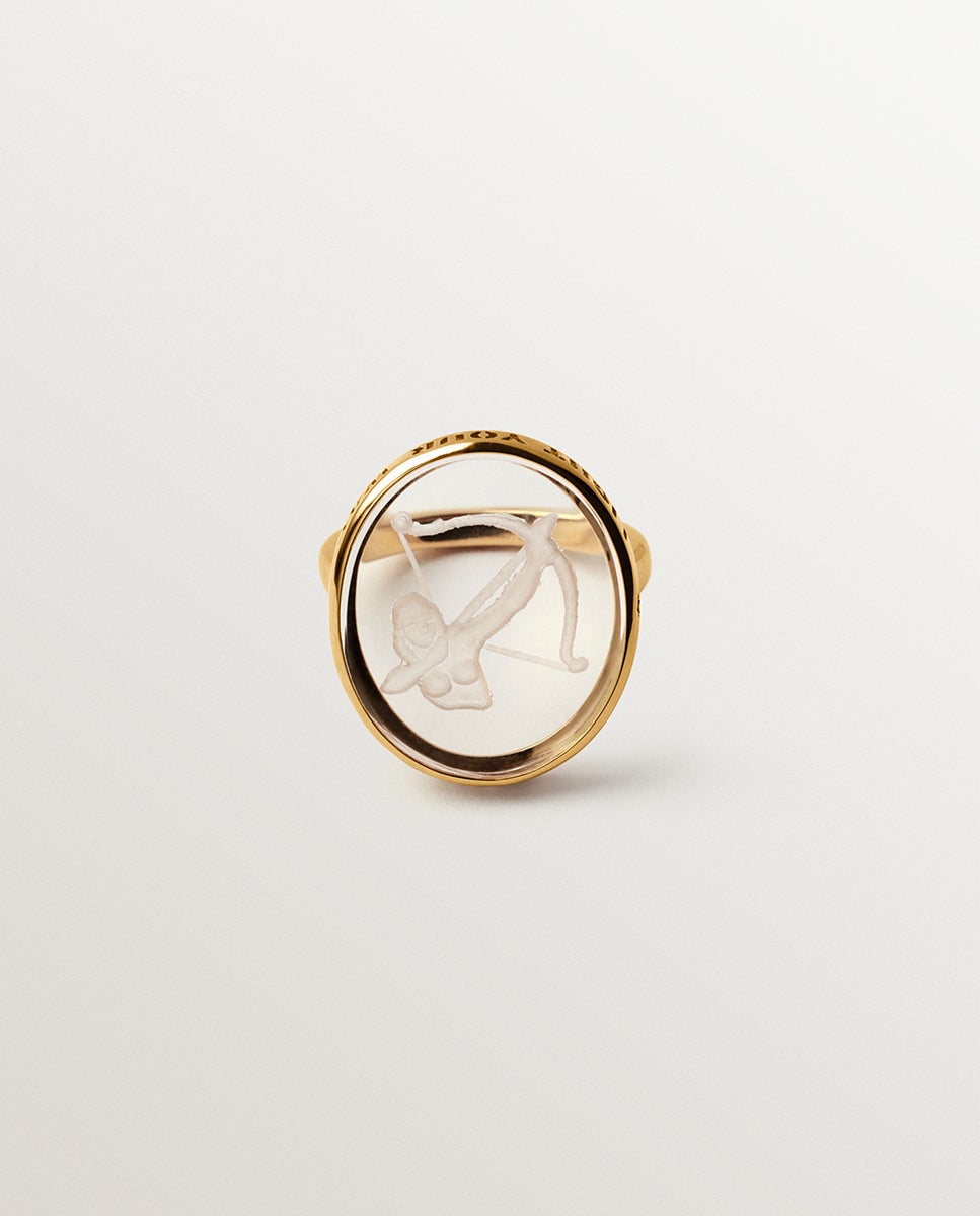 Anel Tipo Selo Sagitário de Prata 925 Banhada em Ouro Amarelo de 18k e Cristal de Rocha Transparente-3