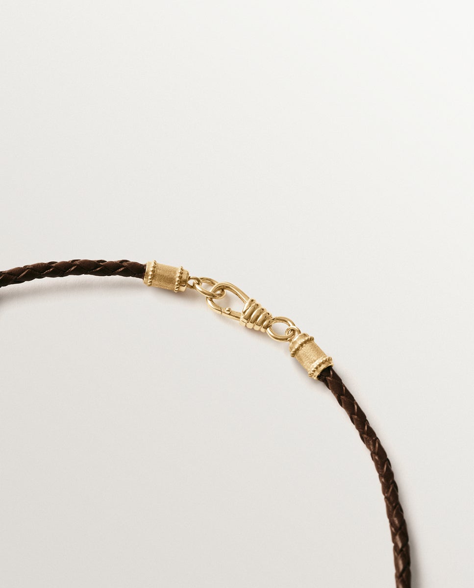 Cordel Entrançado de Couro em Castanho com Acabamentos em Prata 925 Banhada em Ouro Amarelo de 18k Dourado-5