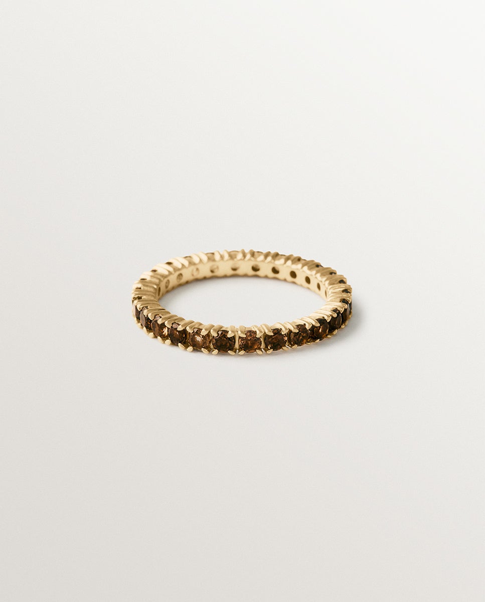 Anel Rivière de Prata 925 Banhada em Ouro de 18k com Topázios Castanhos Dourado-3
