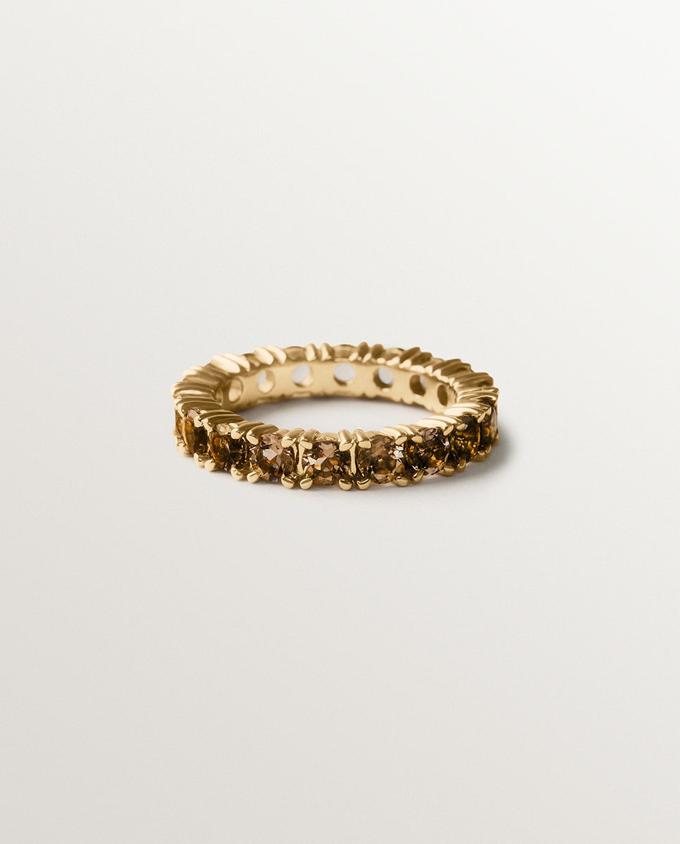 Anel Rivière de Prata 925 Banhada em Ouro de 18k com Topázios Castanhos Dourado-3