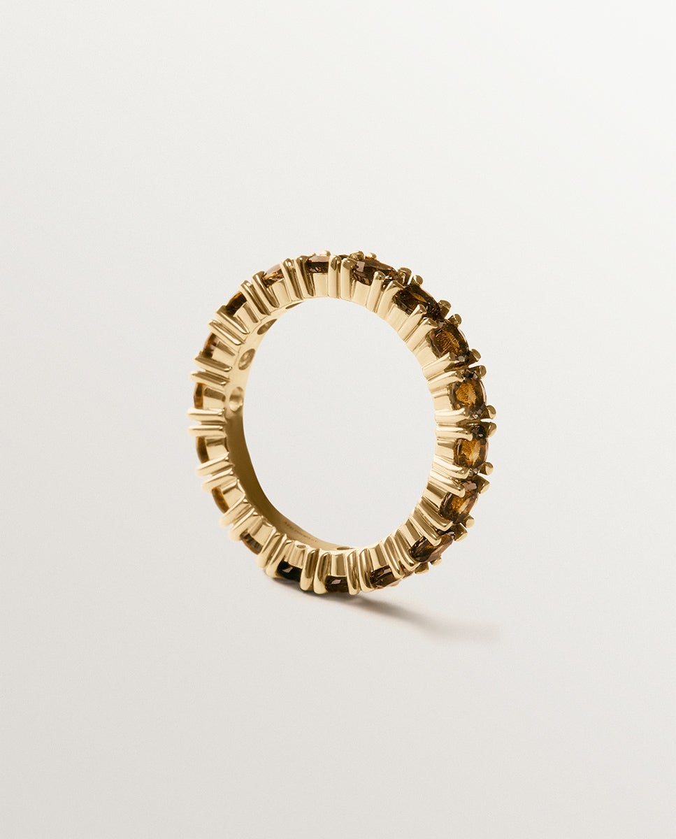 Anel Rivière de Prata 925 Banhada em Ouro de 18k com Topázios Castanhos Dourado-5