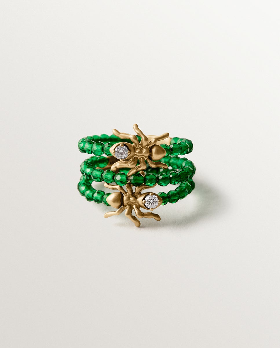 Anel Triplo Banhado a Ouro Amarelo com Cristais Brancos e Verdes e Motivos de Formigas Dourado-3