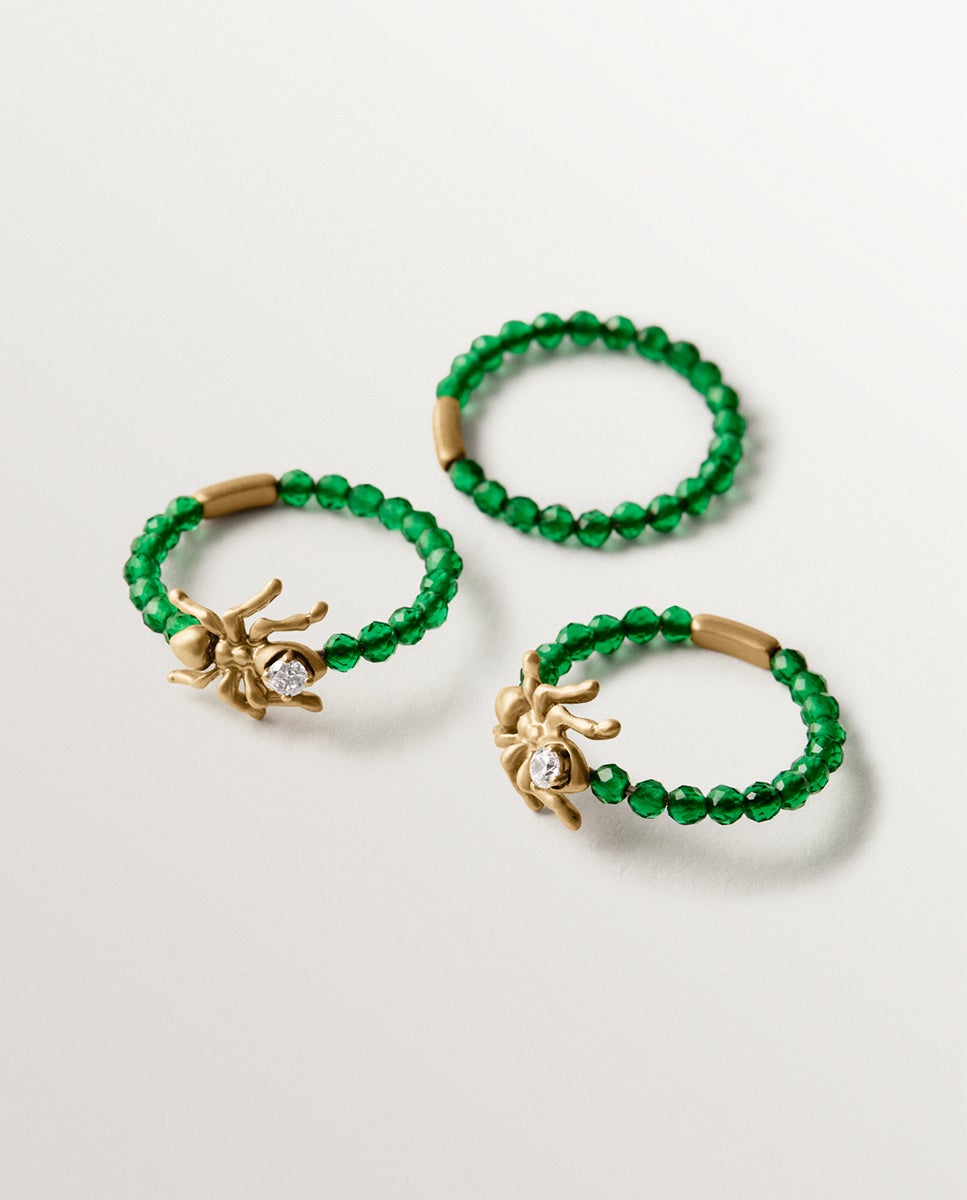 Anel Triplo Banhado a Ouro Amarelo com Cristais Brancos e Verdes e Motivos de Formigas Dourado-4