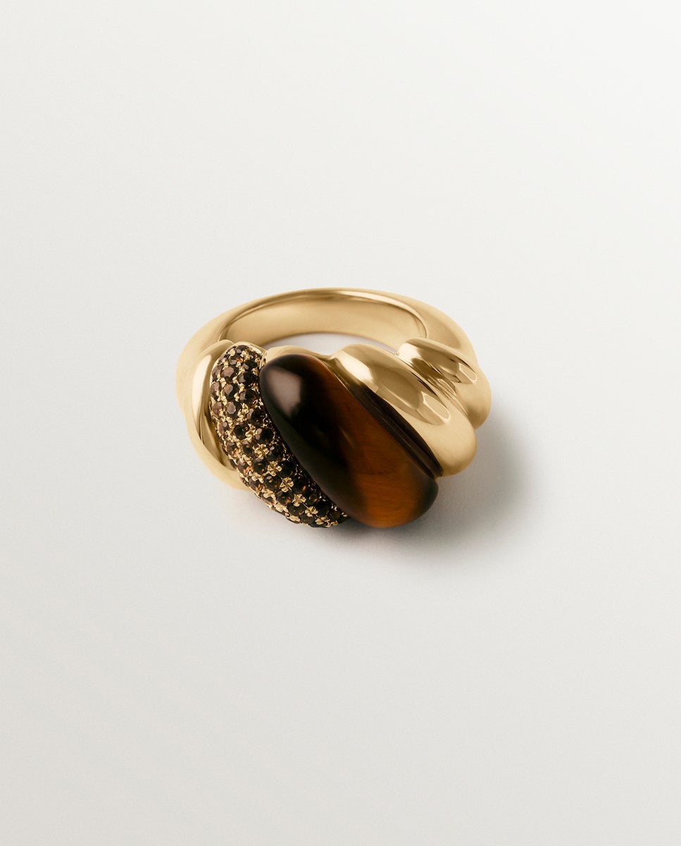 Anel de Prata 925 com Banho de Ouro Amarelo de 18k, Quartzos Fumê e Olho de Tigre Castanho-claro-3